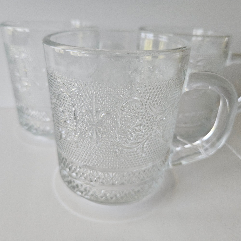 Vtg KIG Malaysia Fleur De Lis Glass Mugs - SET of 3 - Picture 3 of 8